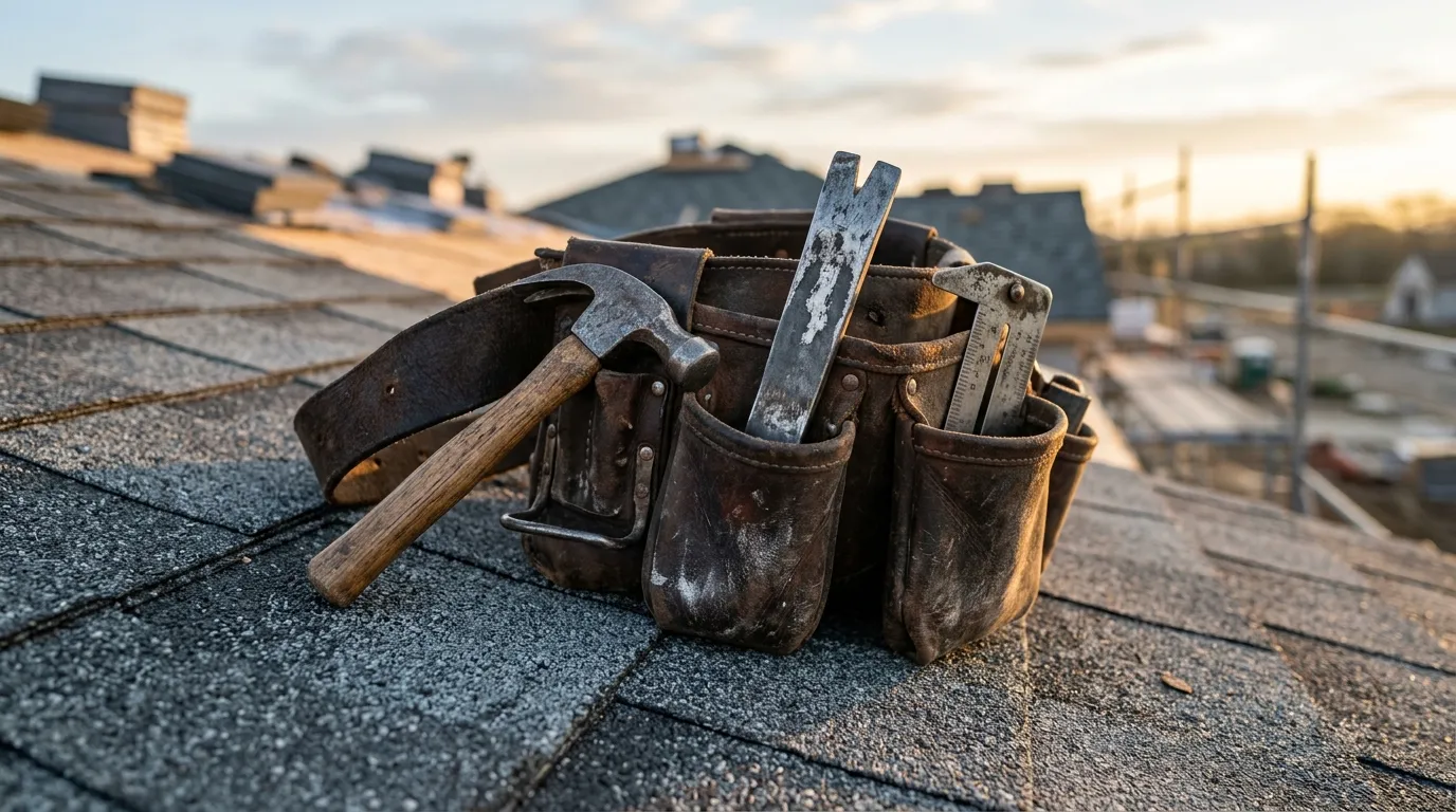 photograph of a worn leather tool belt with hammer, flat bar and shingle gauge resting on fresh architectural shingles at sunrise