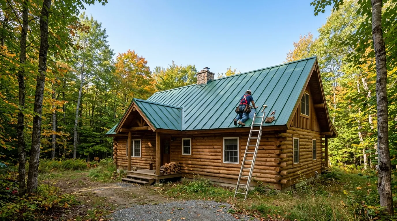 wide photograph of a log cabin in a hardwood forest clearing with a roofer on a ladder repairing its green metal roof, morning light through the trees