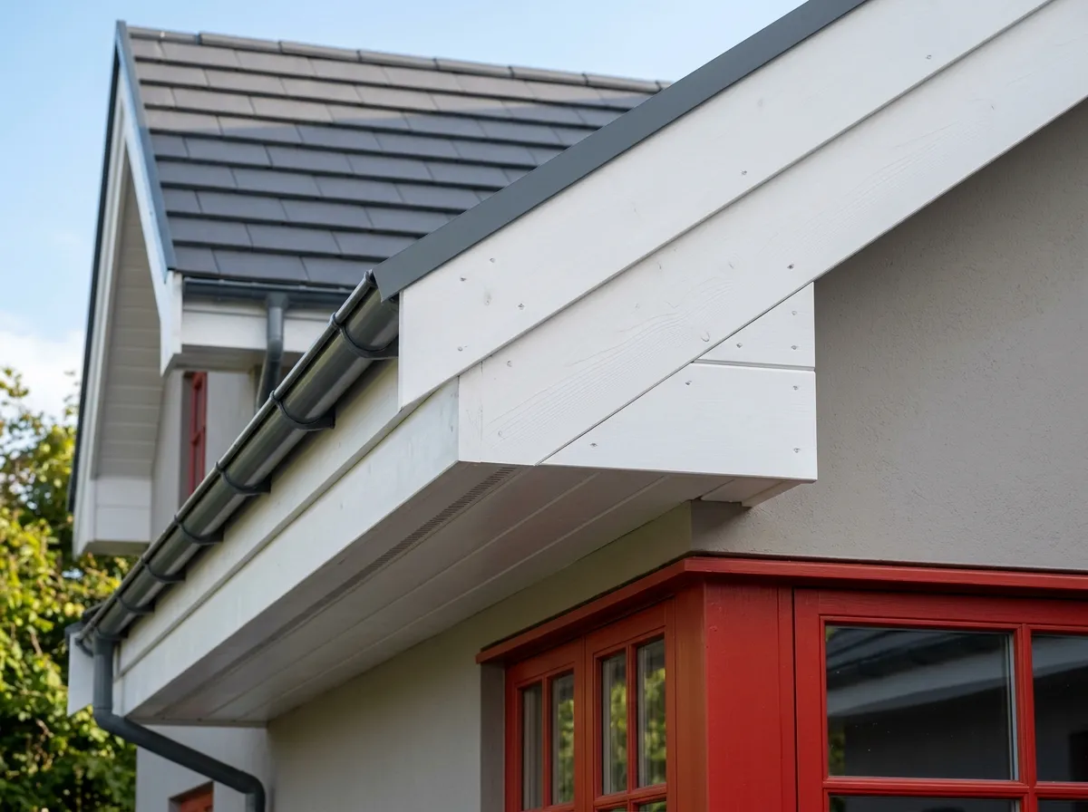 Fresh primed white fascia and soffit boards newly installed along a roof edge, crisp miter joints