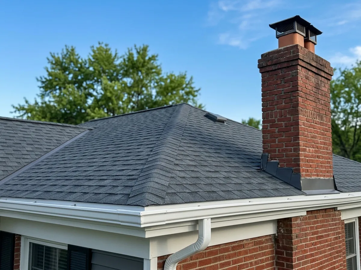 A tidy roofline with new shingles, clean gutters and a brick chimney against blue sky