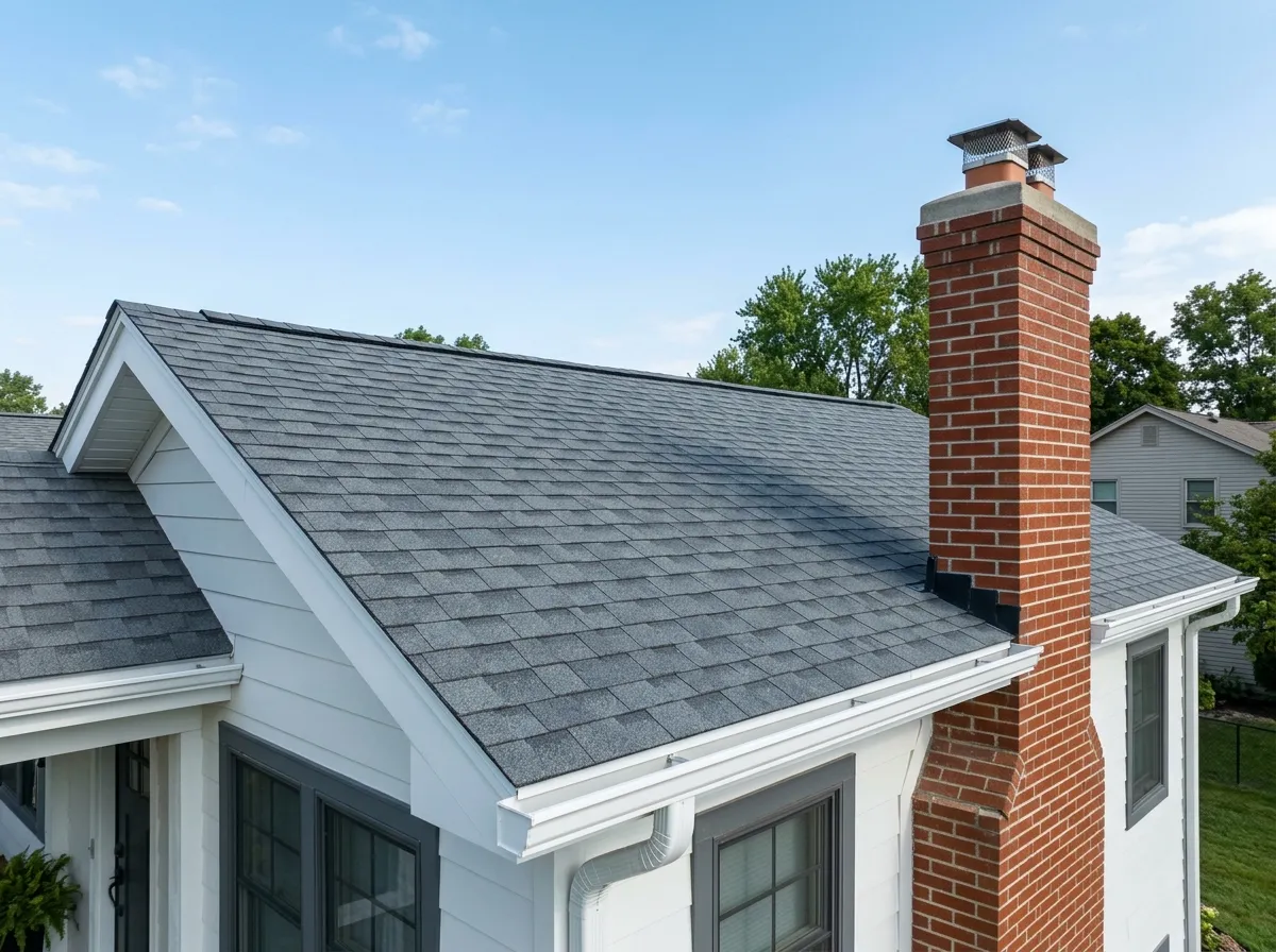A tidy roofline with new shingles, clean gutters and a brick chimney against blue sky