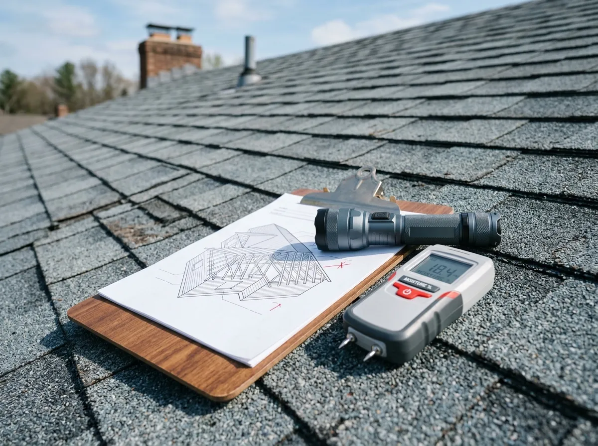A clipboard with a printed roof diagram, flashlight and moisture meter resting on asphalt shingles
