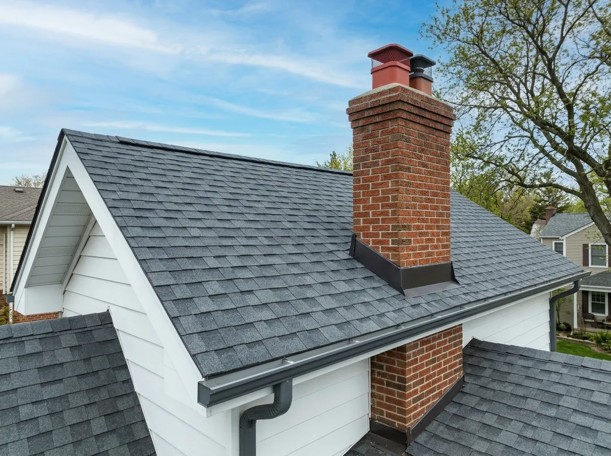 A tidy roofline with new shingles, clean gutters and a brick chimney against blue sky