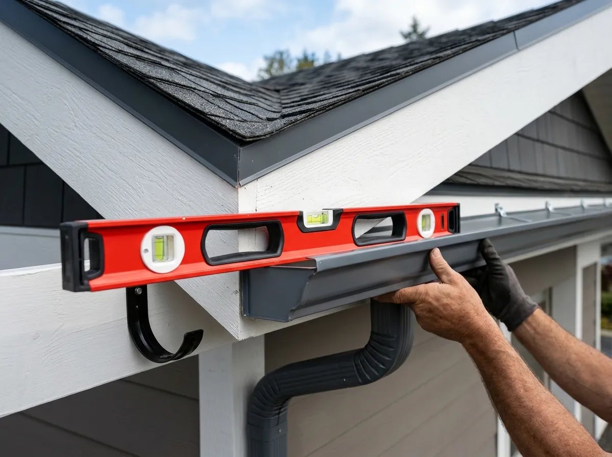 A level held against a clean aluminum gutter run showing correct pitch, sound fascia board behind it