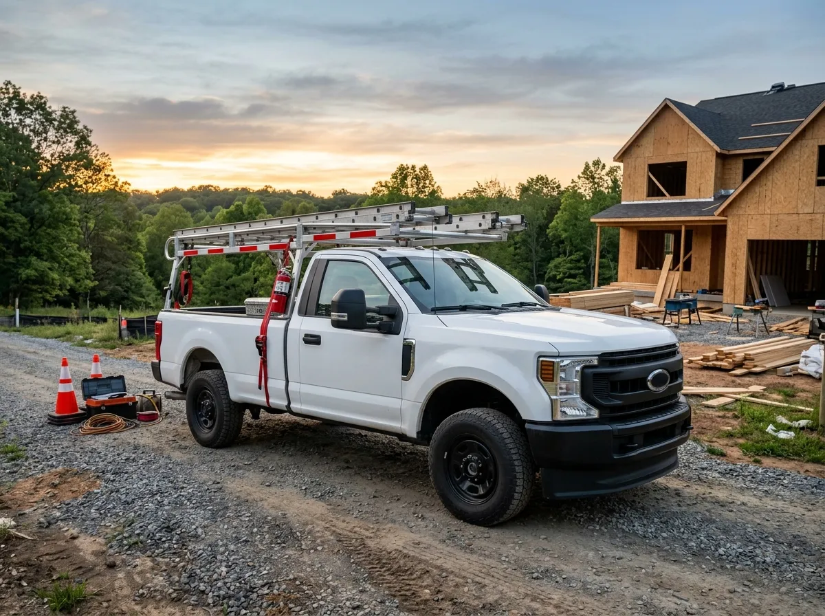 A clean white work truck with ladder racks parked at a jobsite driveway at sunrise