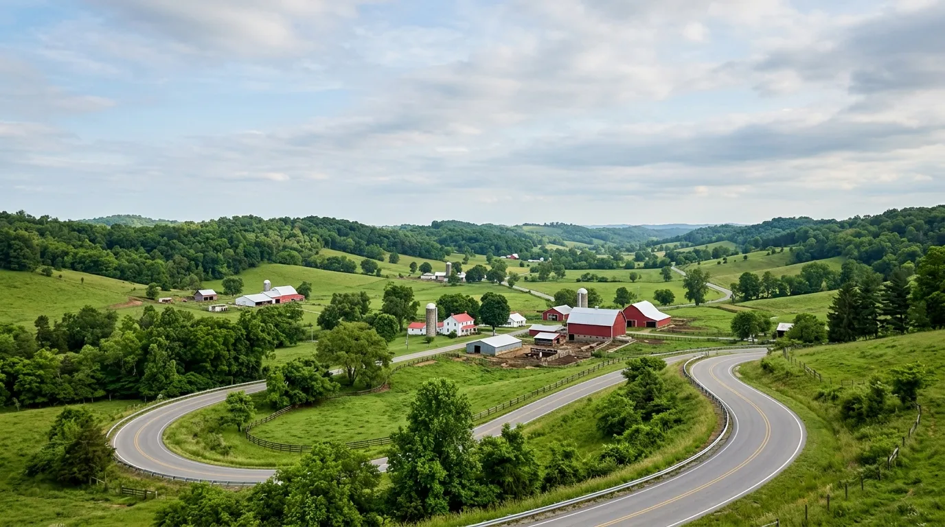 A winding two-lane road through green Kentucky hills with farm roofs in the valley
