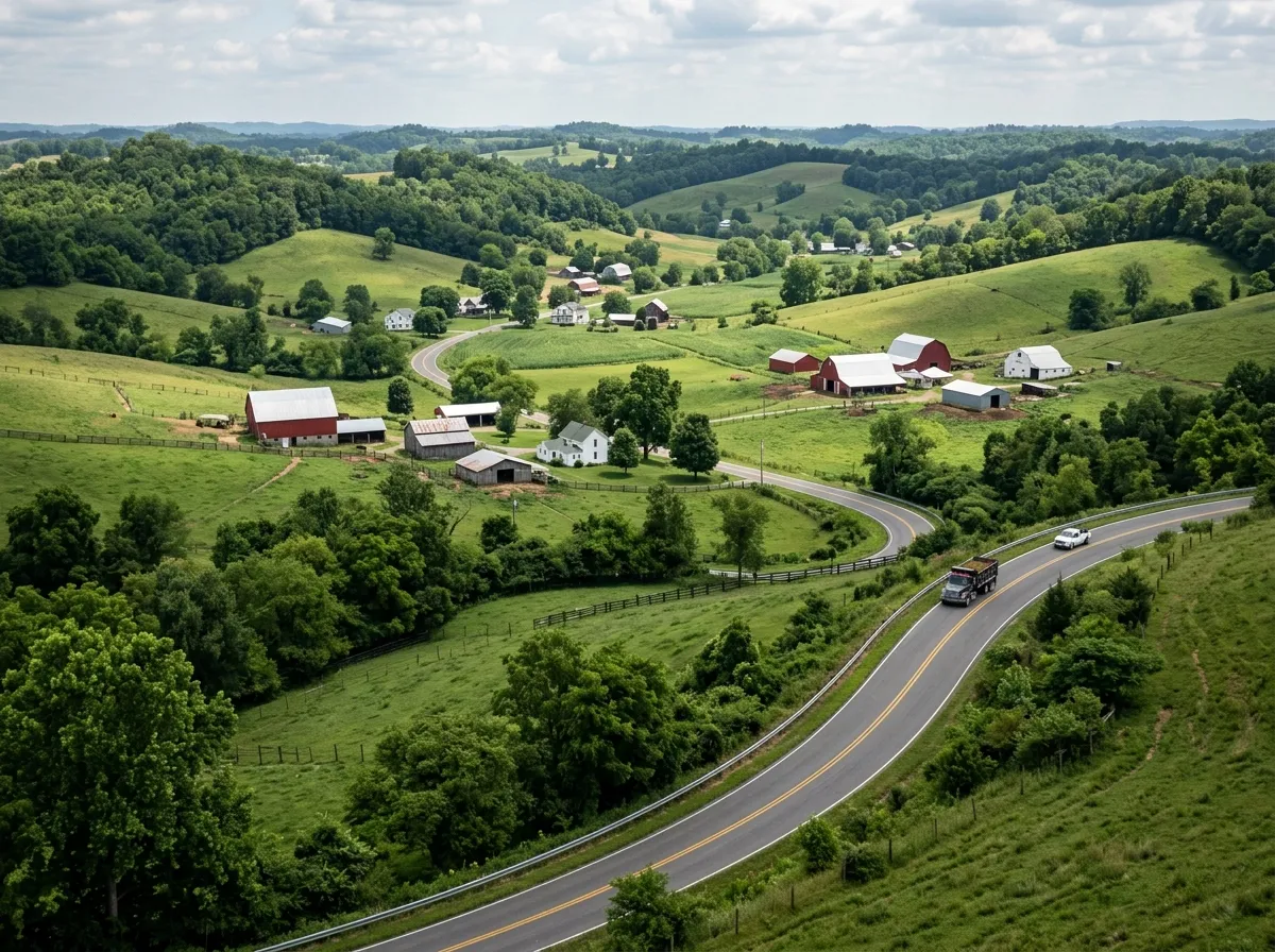 A winding two-lane road through green Kentucky hills with farm roofs in the valley