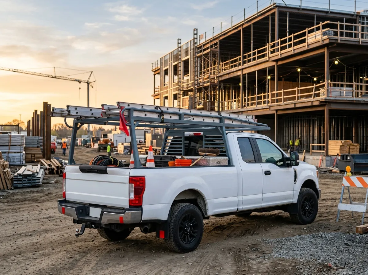 A clean white contractor work truck with ladder racks at a jobsite at sunrise