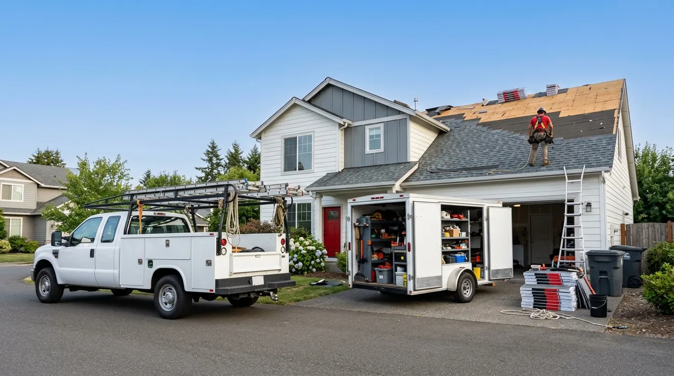 wide photograph of a clean white contractor work truck with ladder racks and an open tool trailer parked before a house mid-roof-repair, materials staged neatly
