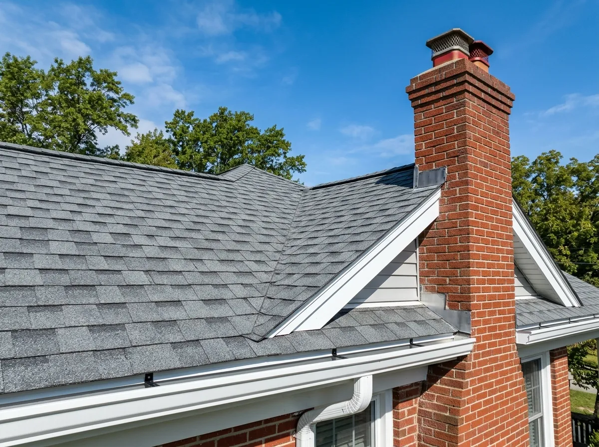 A tidy roofline with new shingles, clean gutters and a brick chimney against blue sky