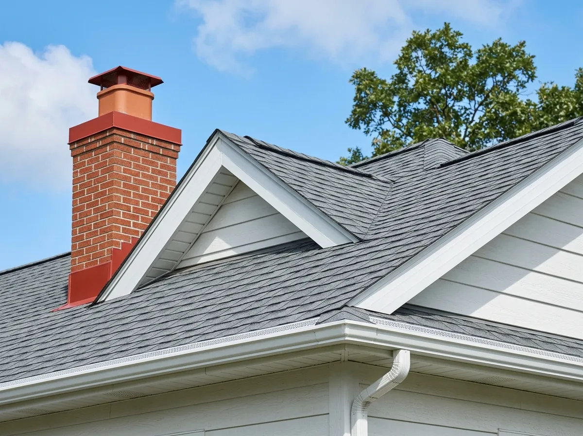 A tidy roofline with new shingles, clean gutters and a brick chimney against blue sky
