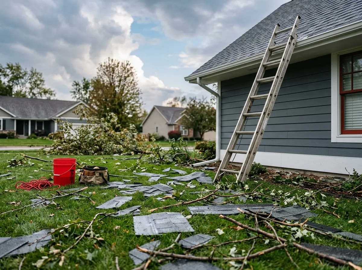 Scattered shingles and small branches on a lawn after a storm with a ladder set against the house eave, clearing sky