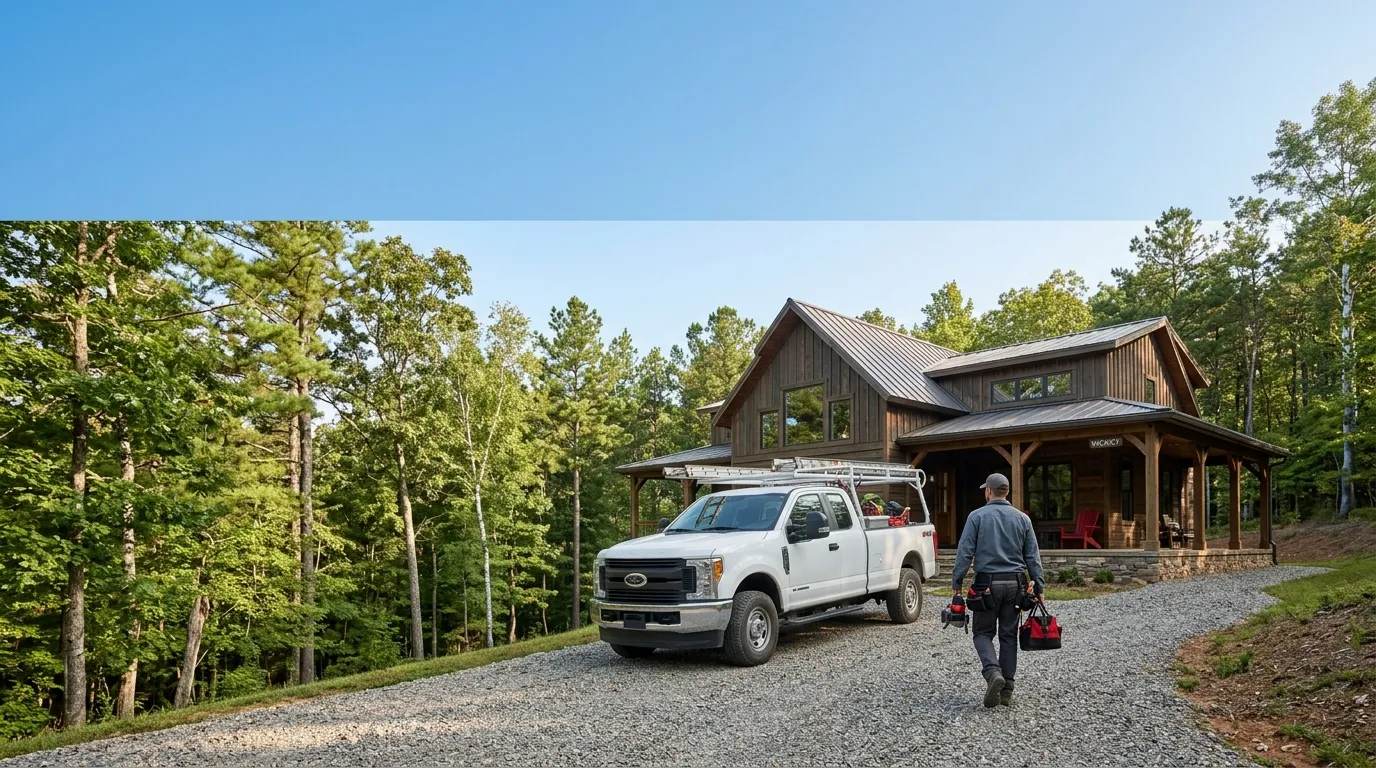 wide photograph of a rental cabin in the woods with a white work truck with ladder racks parked in the gravel drive, technician carrying tools toward the porch seen from behind