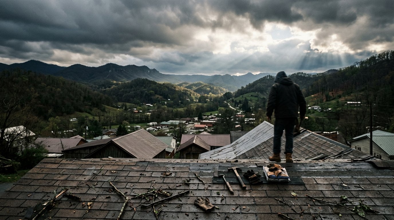Clearing storm sky over wet Kentucky rooftops