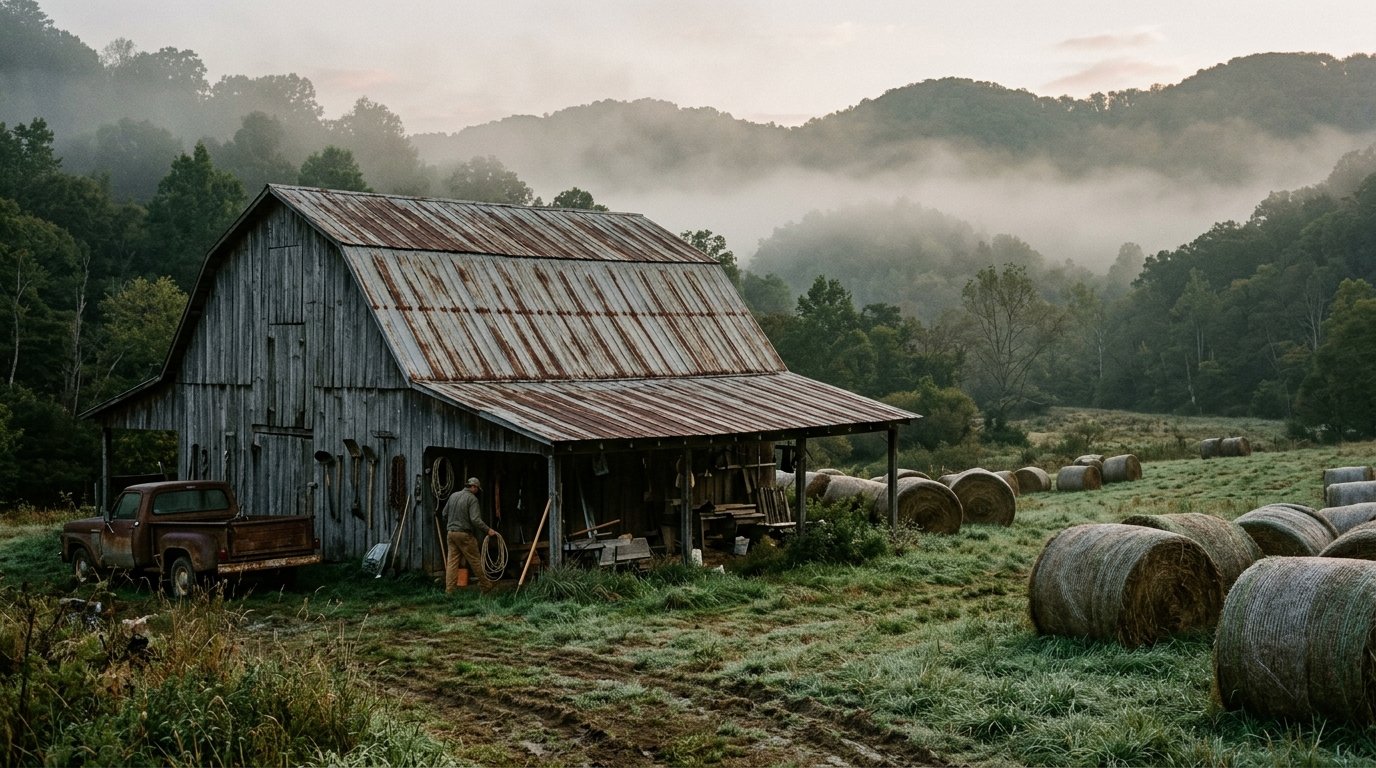 Weathered metal barn roof above hay bales in Kentucky fog