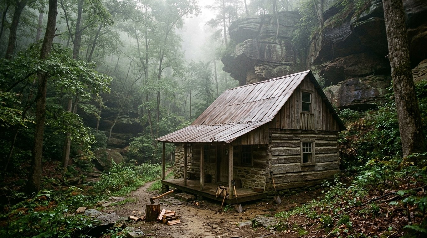 Metal-roofed cabin in a misty wooded hollow near the Gorge