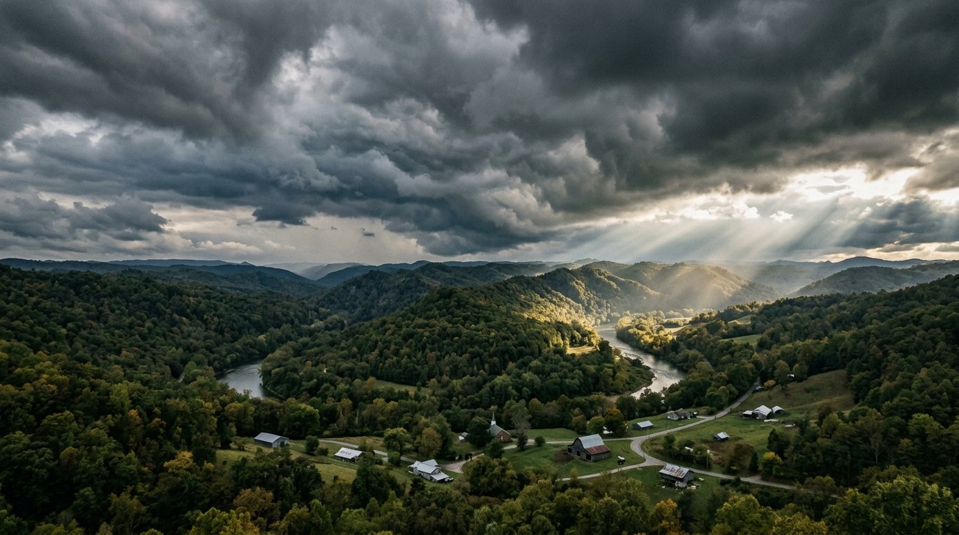 Storm clouds breaking over eastern Kentucky ridges and valley