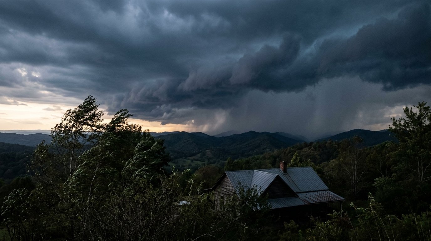 Storm front crossing a Kentucky ridge above a farmhouse roof