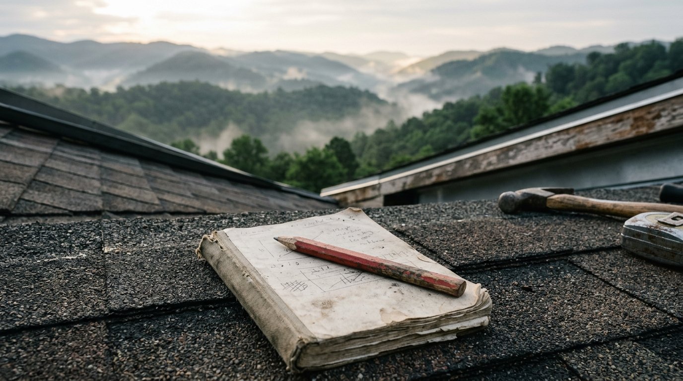 Field notebook and pencil on a shingle roof above a Kentucky ridgeline