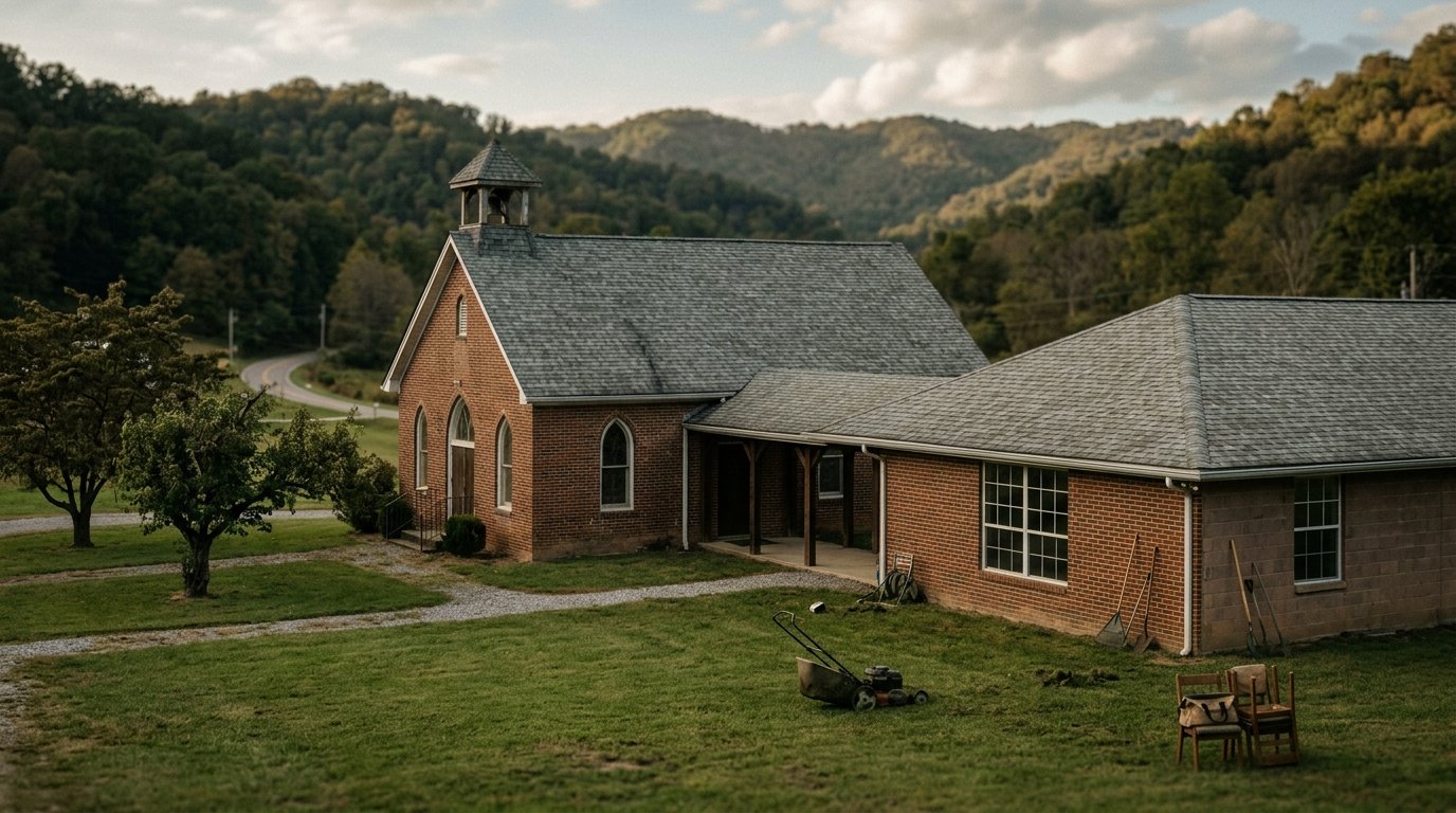 Church and fellowship hall rooflines in rural Kentucky