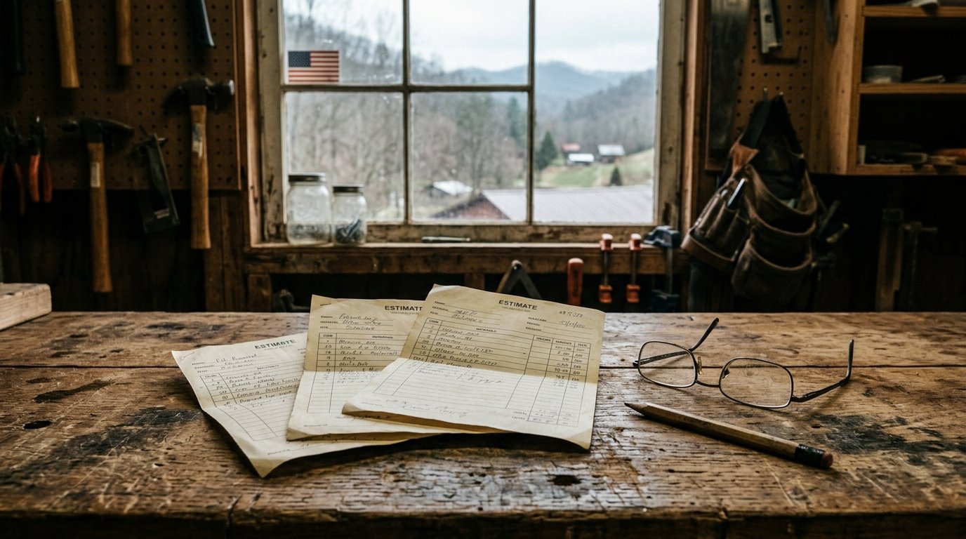 Three roofing estimates fanned out on a workbench