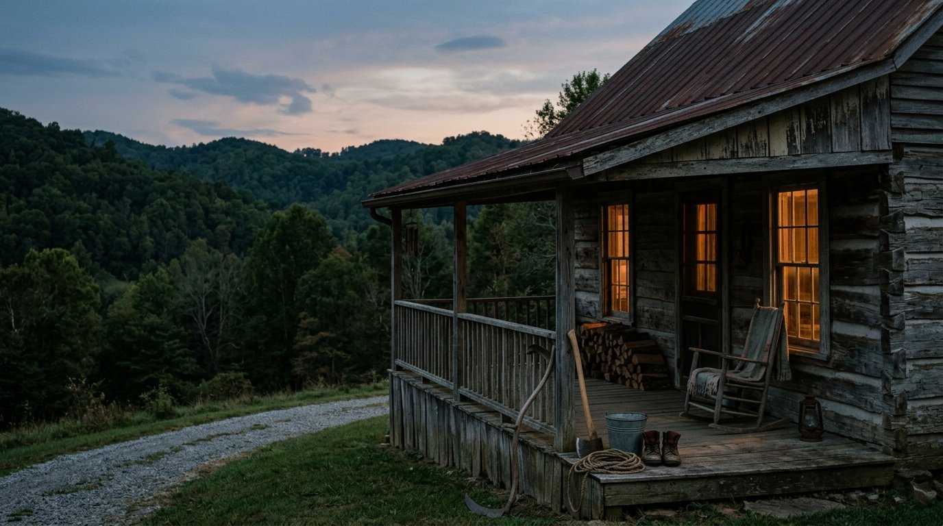 Kentucky farmhouse porch at dusk with wooded hills behind