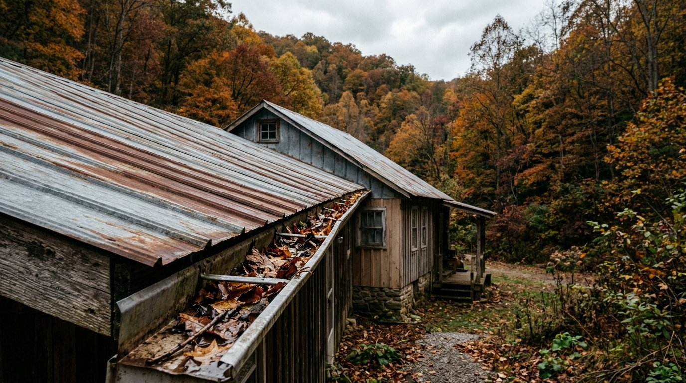 Autumn leaves gathering in a gutter on a Kentucky home