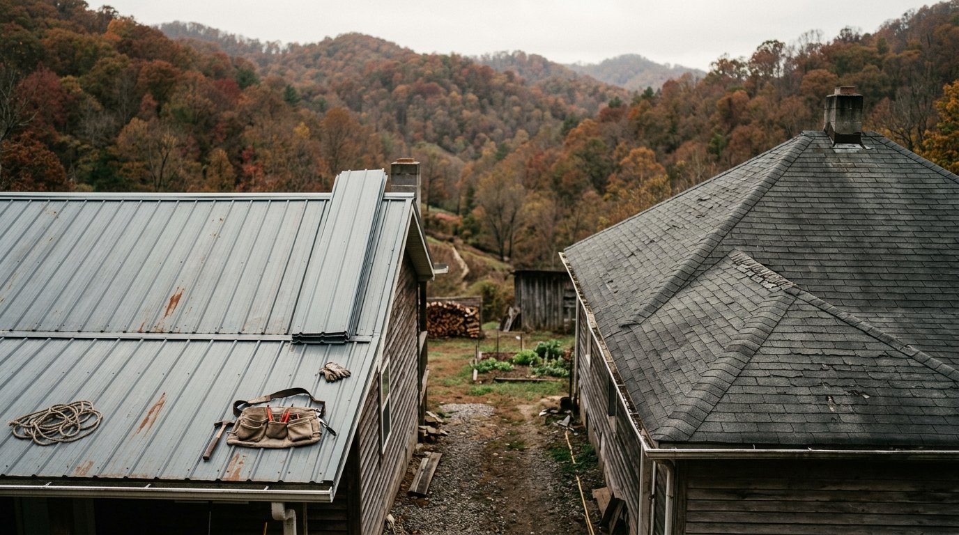 Metal cabin roof and shingle farmhouse roof on a Kentucky ridge