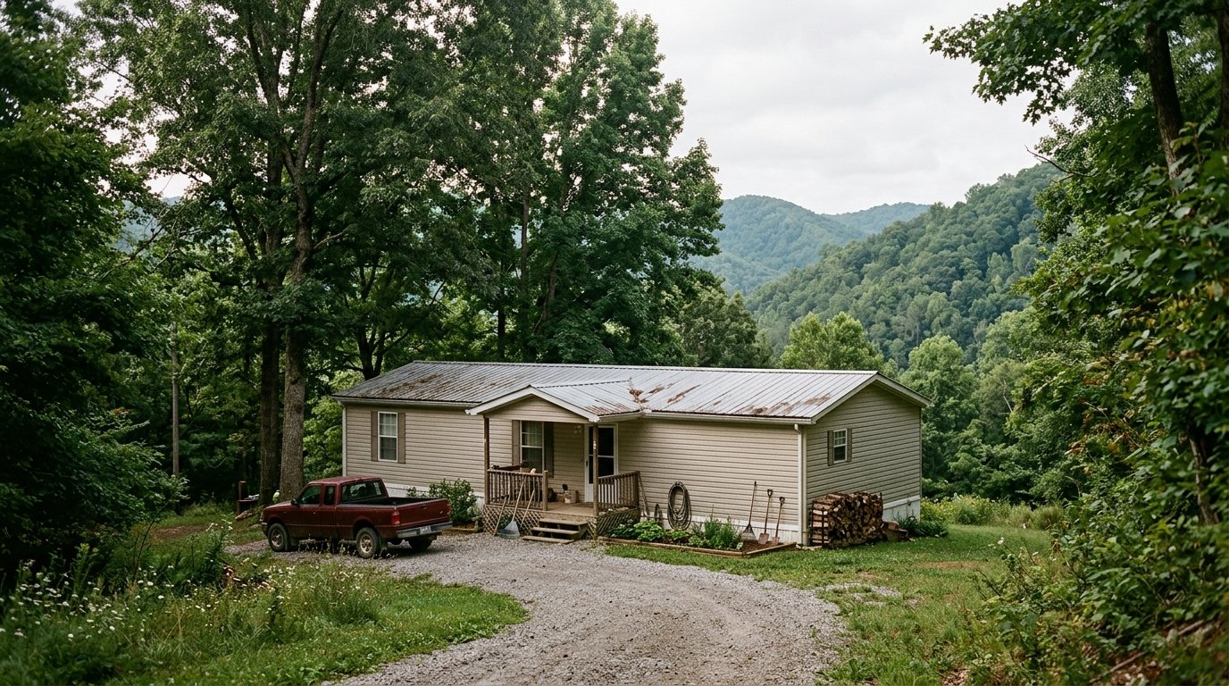 Manufactured home with low-slope roof under Kentucky shade trees