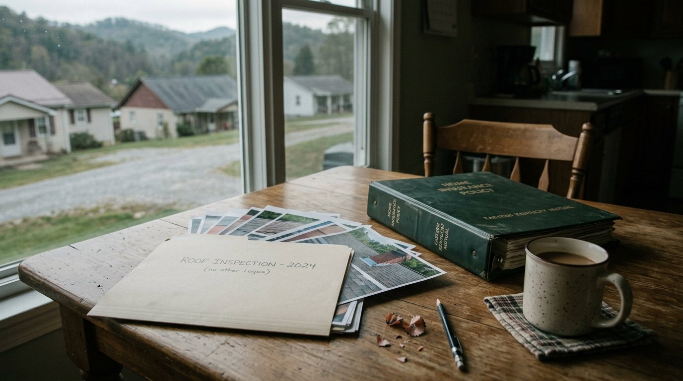 Roof damage photos and policy folder on a kitchen table