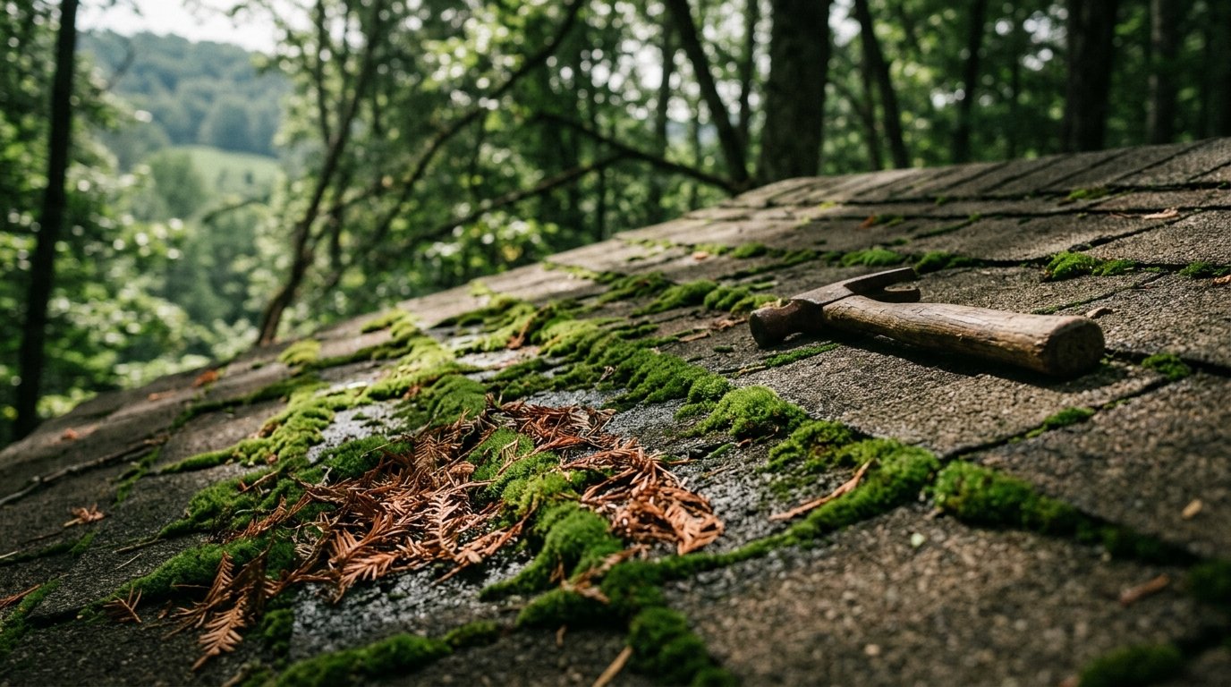 Moss and needle debris on a shaded shingle roof slope