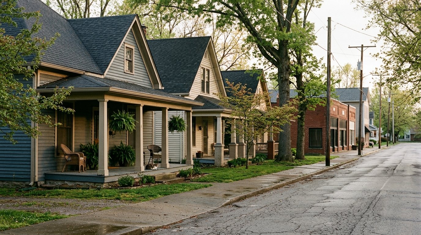 Tree-lined street of older frame houses in Berea, Kentucky