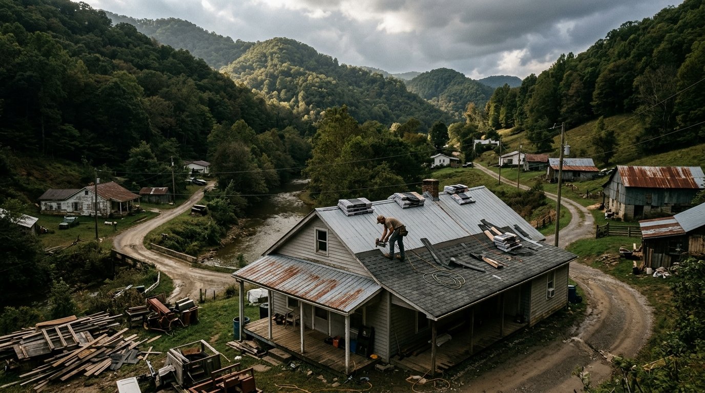 River-bottom rooftops near Jackson, Kentucky under clearing storm clouds