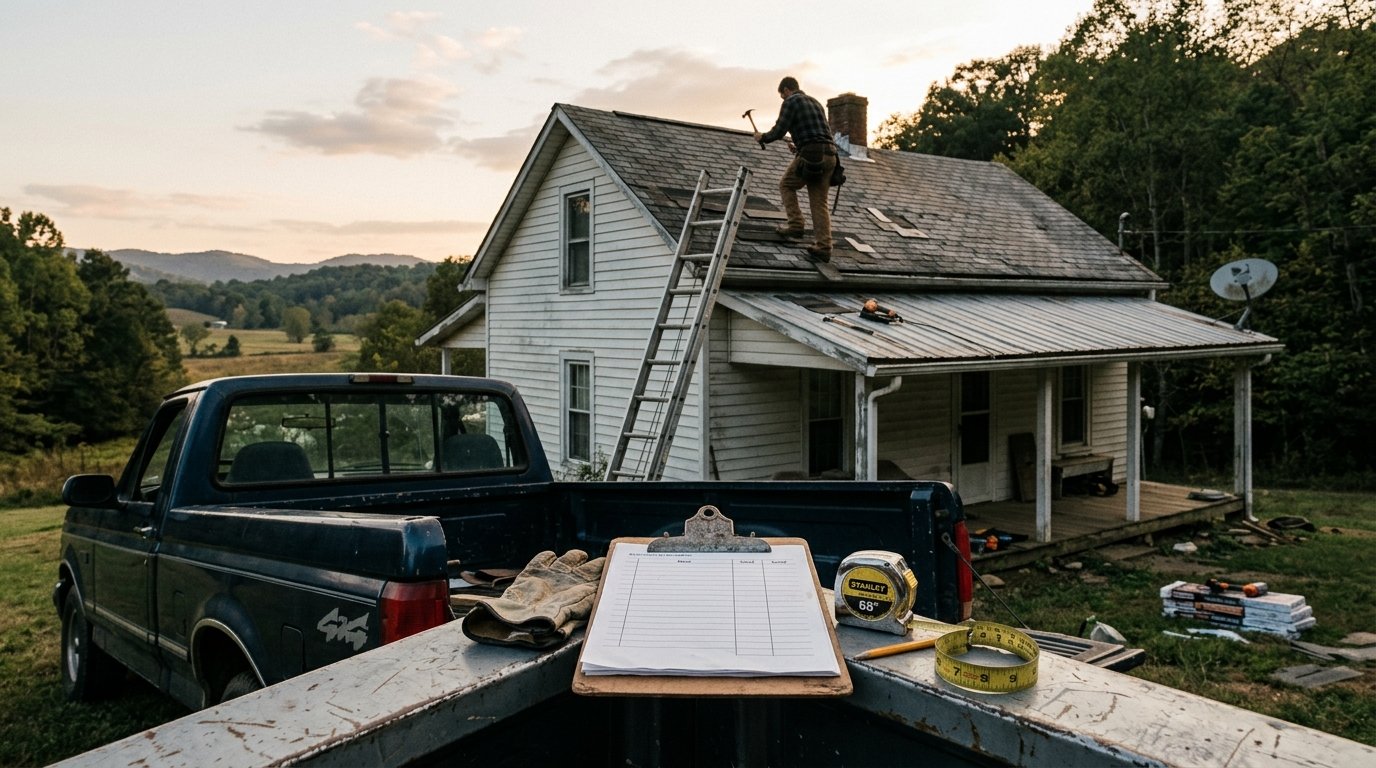 Estimate clipboard and ladder at a Kentucky farmhouse