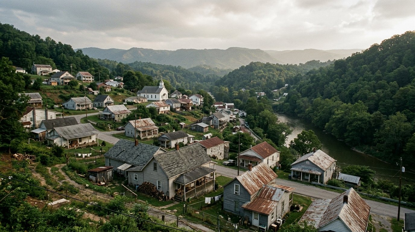 Older rooftops of Irvine, Kentucky rising above the Kentucky River