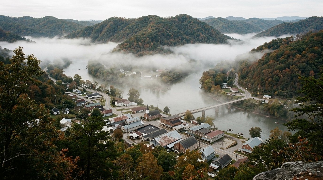 Rooftops of Beattyville, Kentucky in the river valley below wooded ridges
