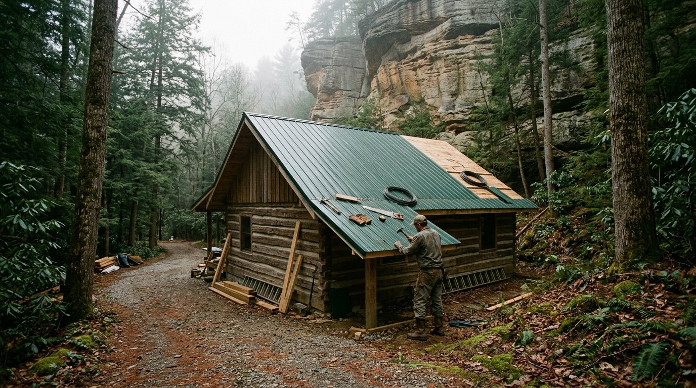 Metal-roofed cabin under hemlocks and sandstone cliffs near Natural Bridge, Kentucky