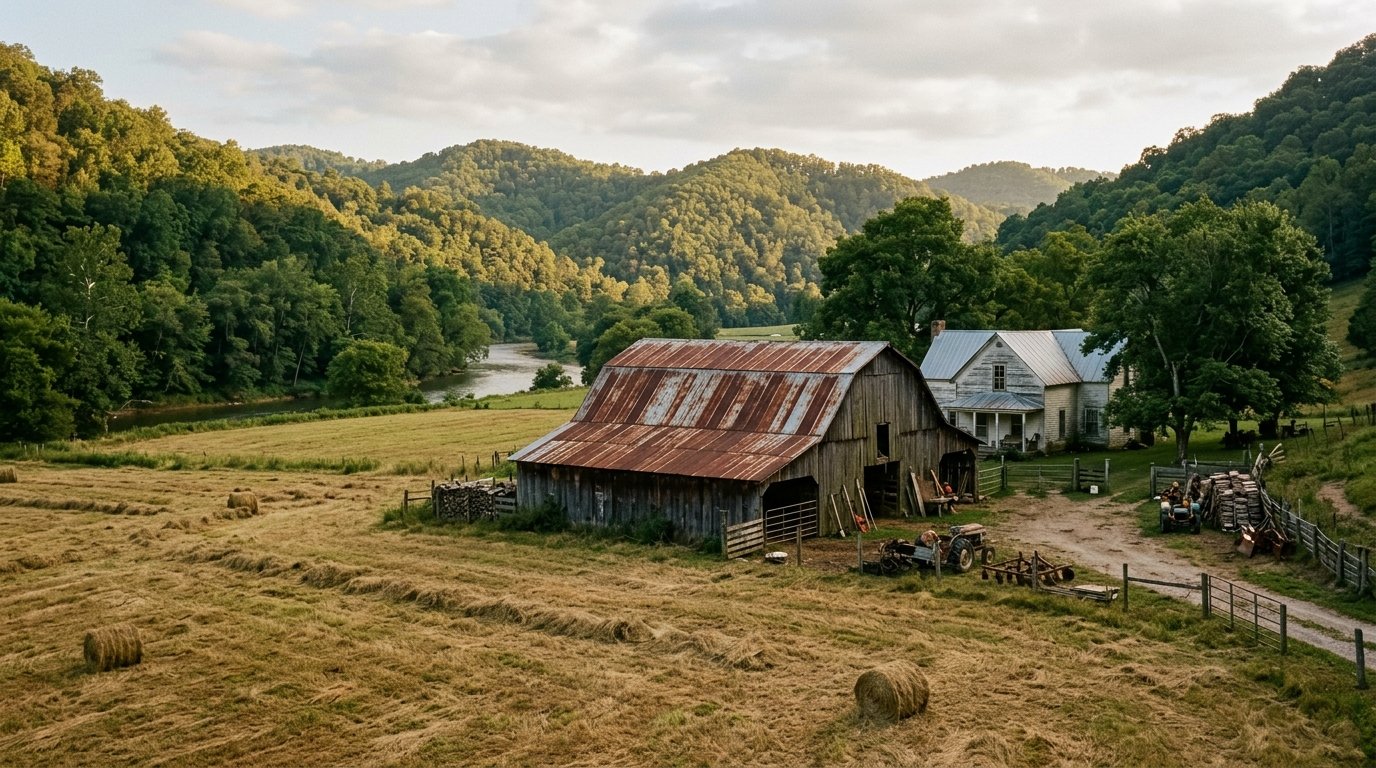 Farmhouse and metal-roofed barn in the hills of Owsley County, Kentucky