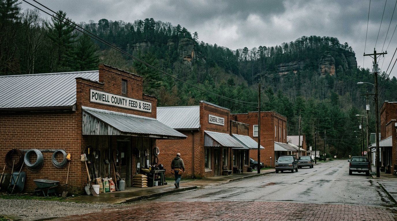 Small-town rooftops in Powell County, Kentucky with Gorge ridges behind
