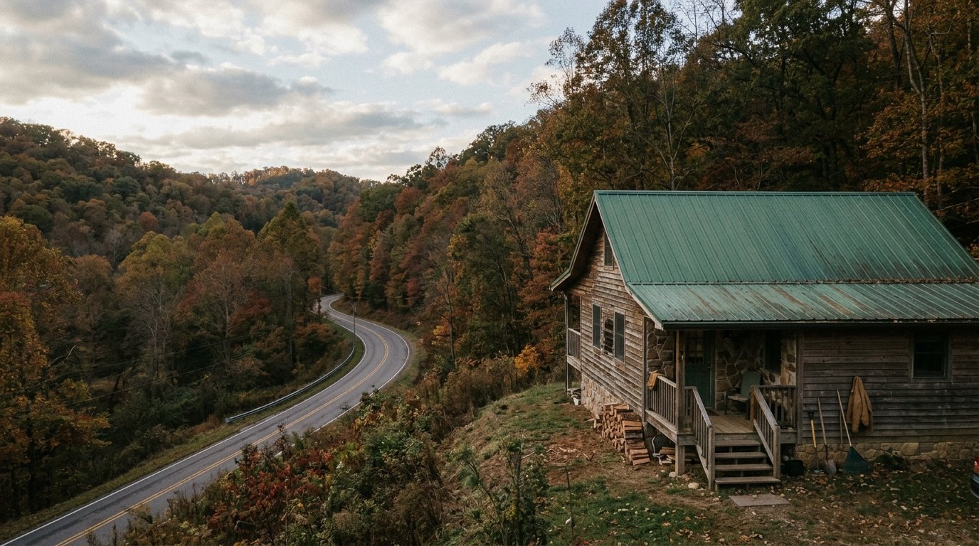 Metal-roofed cabin on a wooded Wolfe County ridge near Campton, Kentucky