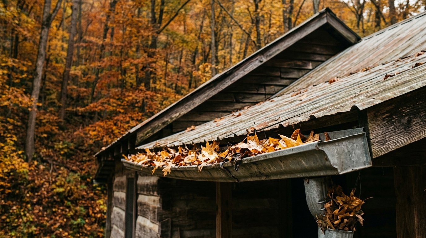 Leaf-filled gutter on a cabin under fall canopy